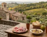 Un assaggio di Umbria: salumi, pasta al tartufo e pane su un tavolo con vista su borgo e colline. Cosa fare in Umbria? Godersi questi sapori!