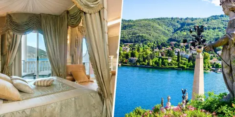 Lussuosa camera da letto con vista sul lago, perfetta per vacanze al lago da sogno. Paesaggio incantevole con ville e vegetazione lussureggiante.