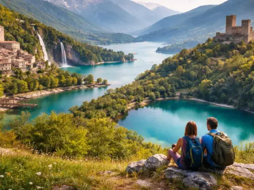 Coppia ammira un borgo con cascata e castello, perfetto per decidere dove andare a Pasquetta in Abruzzo.