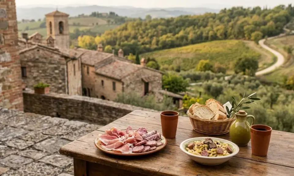 Un assaggio di Umbria: salumi, pasta al tartufo e pane su un tavolo con vista su borgo e colline. Cosa fare in Umbria? Godersi questi sapori!