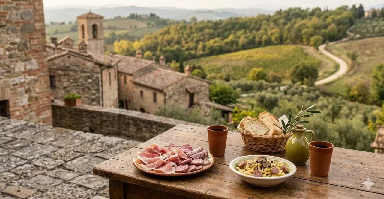 Un pasto delizioso con salumi, pasta al tartufo e pane, con una vista mozzafiato su un borgo umbro. Ecco cosa fare in Umbria: godersi i sapori e i paesaggi.