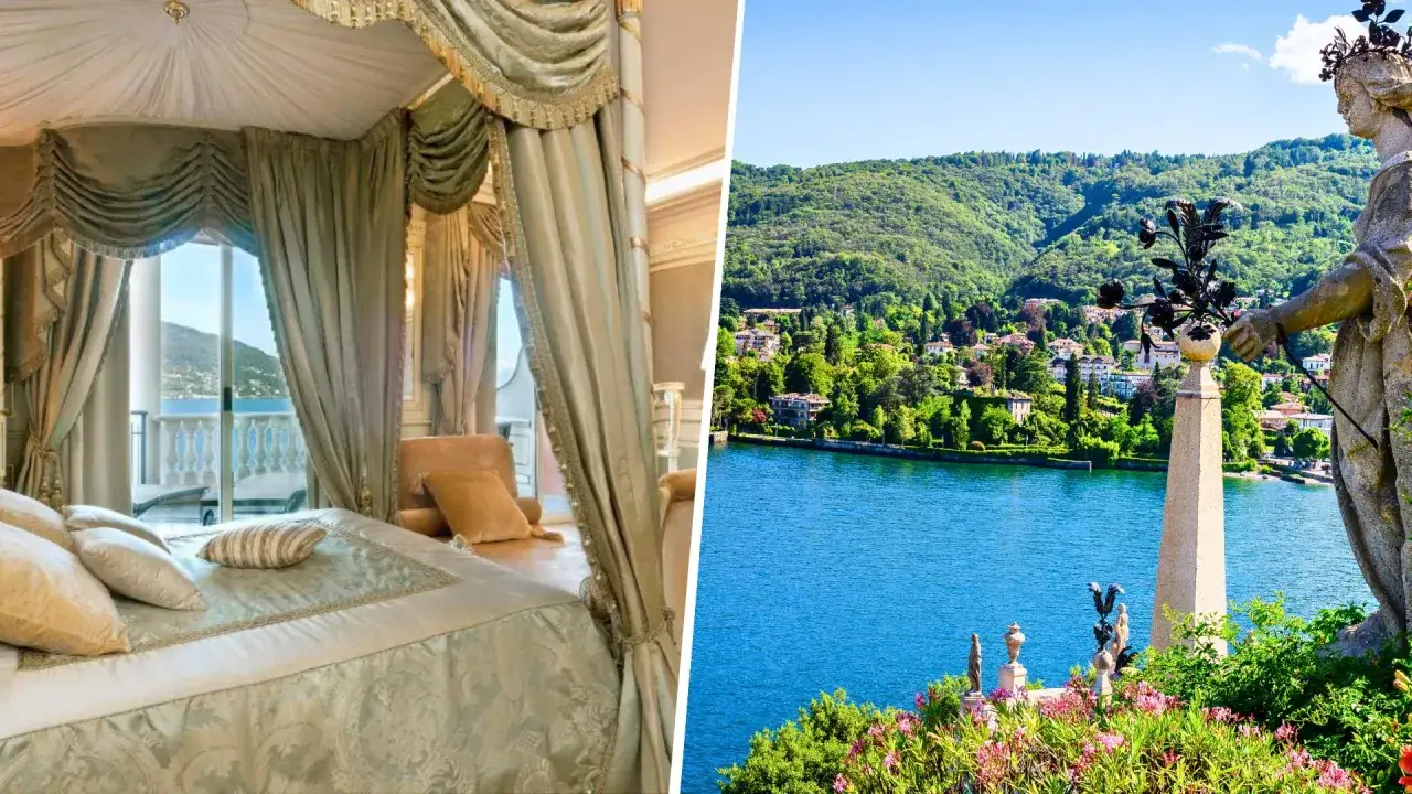 Lussuosa camera da letto con vista sul lago, perfetta per le tue vacanze al lago. Un paesaggio mozzafiato con ville e vegetazione lussureggiante.