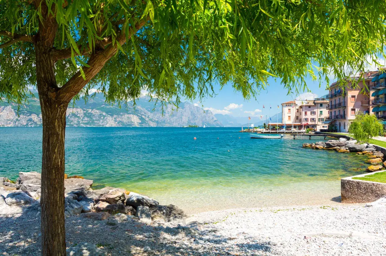 Un albero ombroso si affaccia su una spiaggia di ciottoli e sul lago di Garda, con montagne sullo sfondo. Un vero angolo di paradiso tra i lago di Garda posti più belli.