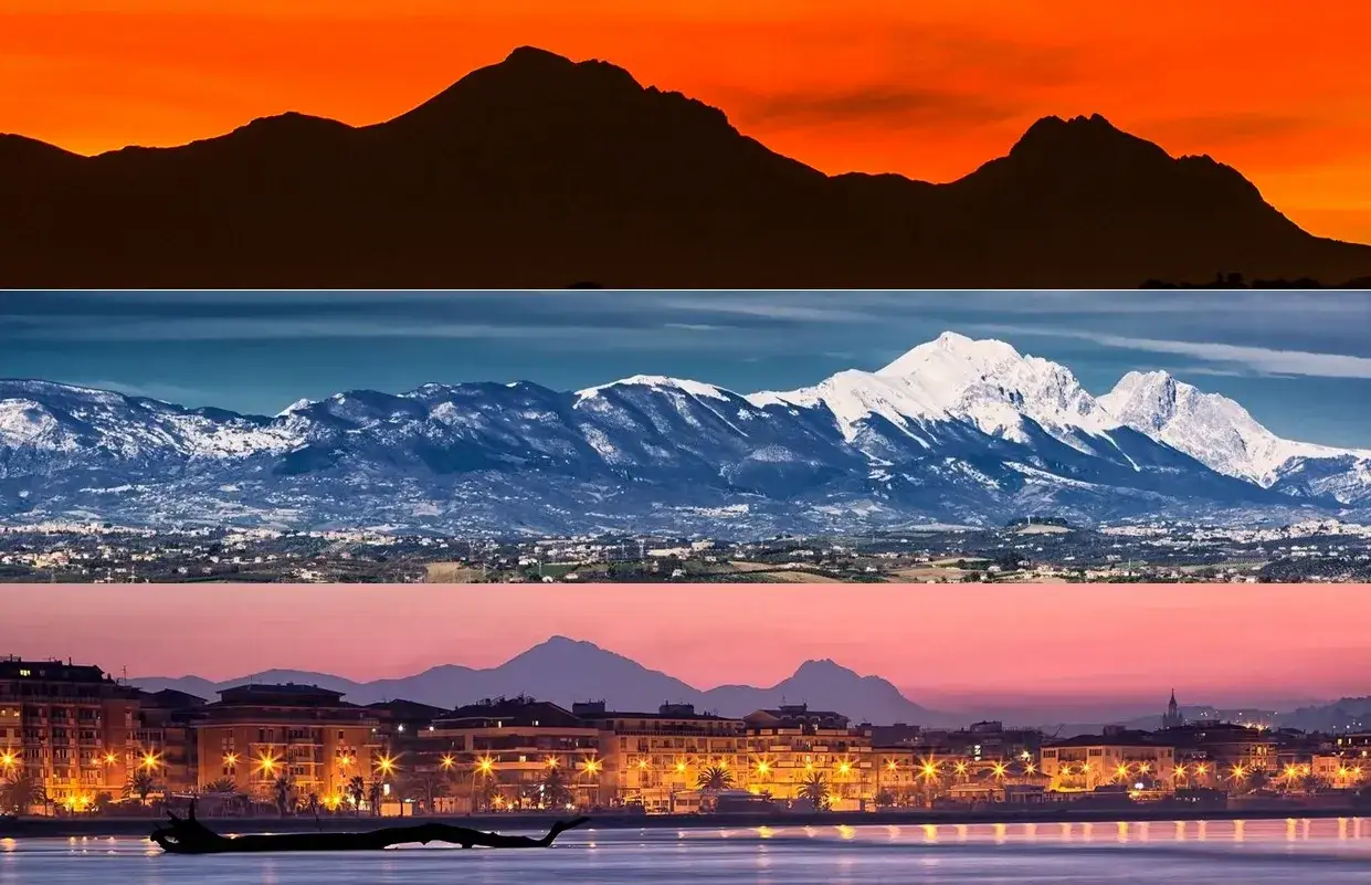 Monti dell'Abruzzo in tre momenti: al tramonto, innevati e con una città costiera illuminata.
