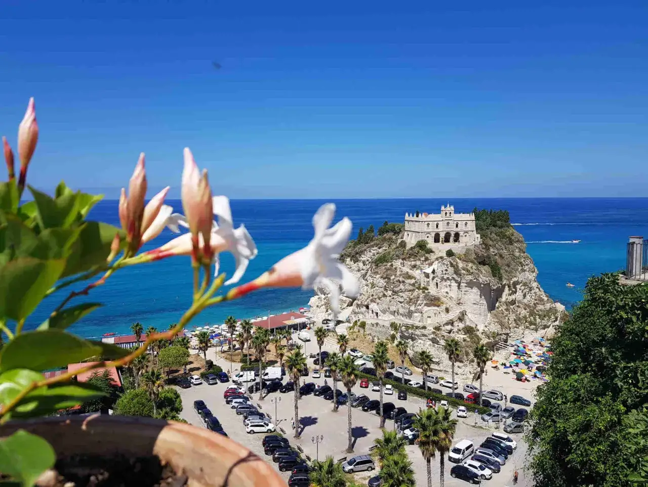 Fiori bianchi in primo piano, sullo sfondo il Santuario di Santa Maria dell'Isola a Tropea, Calabria. La spiaggia e il mare azzurro completano la vista di questa splendida regione.