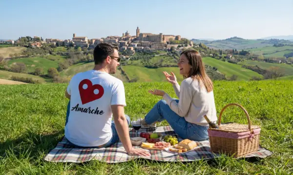 Coppia in un prato verde con vista su un borgo collinare. Perfetto per scoprire cosa fare a Pasquetta nelle Marche con un picnic.